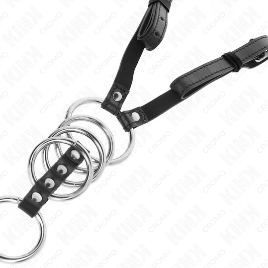 KINK - 5 PENIS RINGS 3.8 CM TO 5 CM METAL WITH LEATHER BELT 112 CM - My naughty haven #