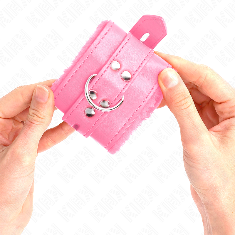 KINK - FUR LINED WRIST RESTRAINTS WITH SQUARE HOLES PINK AND PINK BELT ADJUSTABLE 17-29 CM X 6 CM - My naughty haven #