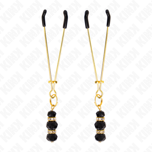 KINK - GOLD THIN NIPPLE CLAMPS WITH 3 BLACK GLASS BEADS 7 CM - My naughty haven #