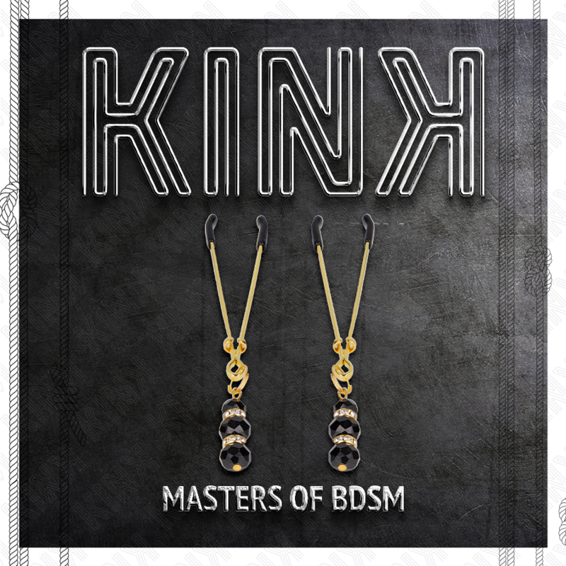 KINK - GOLD THIN NIPPLE CLAMPS WITH 3 BLACK GLASS BEADS 7 CM - My naughty haven #