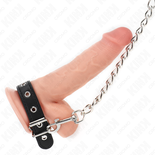 KINK - LEATHER PENIS RING WITH STRAP 21.5 X 2 CM AND METAL CHAIN 60 CM - My naughty haven #