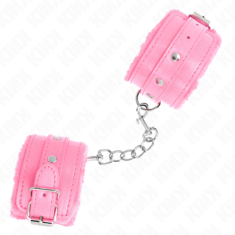 KINK - PREMIUM FUR LINED WRIST RESTRAINTS PINK WITH PINK BELT ADJUSTABLE 17-29 CM X 6 CM - My naughty haven #