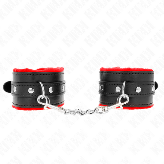 KINK - PREMIUM FUR LINED WRIST RESTRAINTS RED WITH BLACK BELT ADJUSTABLE 17-29 CM X 6 CM - My naughty haven #