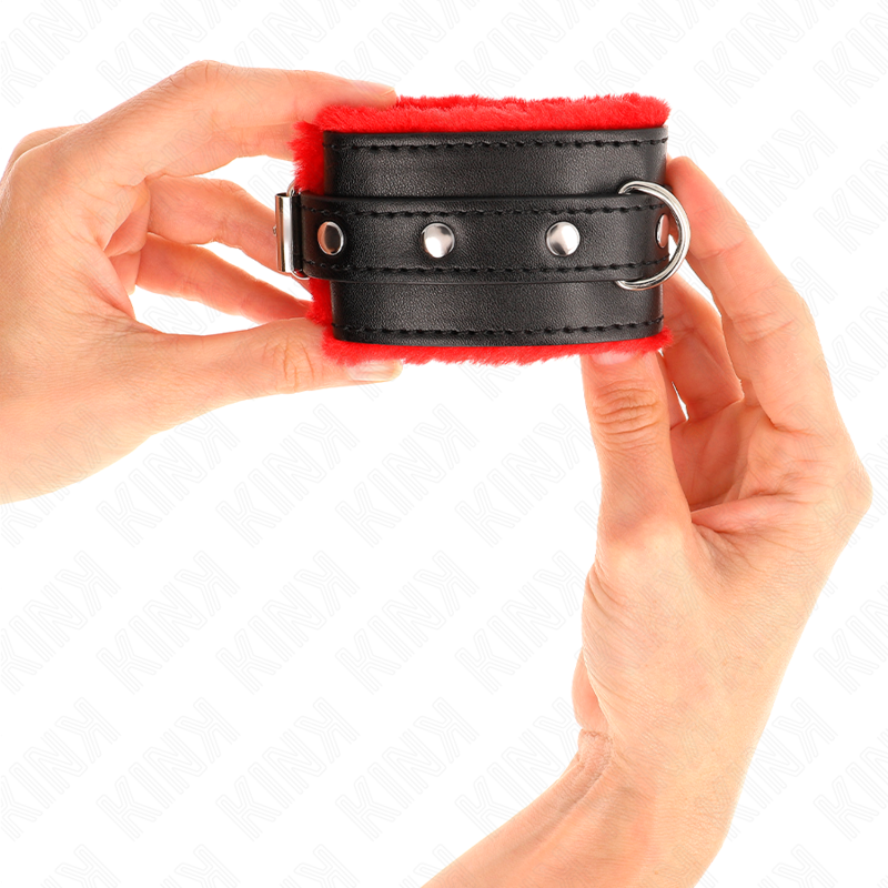KINK - PREMIUM FUR LINED WRIST RESTRAINTS RED WITH BLACK BELT ADJUSTABLE 17-29 CM X 6 CM - My naughty haven #