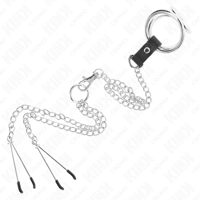 KINK - TRIPLE CHROME METAL PENIS RING 3.8 CM TO 5 CM WITH 26 CM METAL CHAIN AND NIPPLE CLAMPS MODEL 2 - My naughty haven #