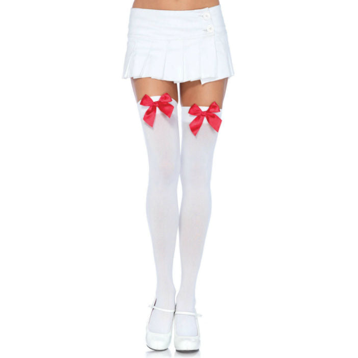 LEG AVENUE - NYLON THIGH HIGHS WITH BOW WHITE / RED - My naughty haven #