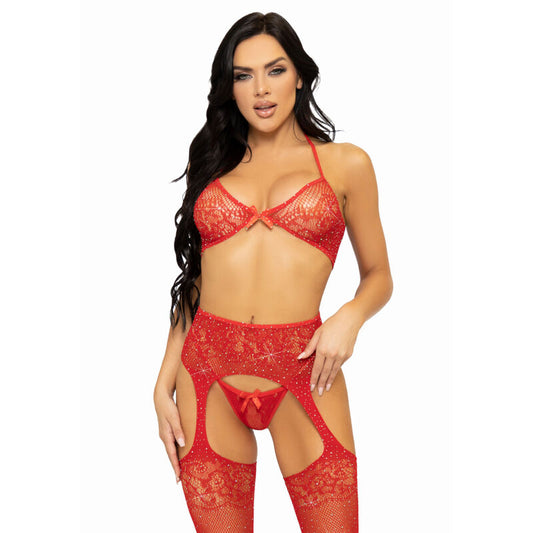 LEG AVENUE - THREE PIECES SET BRA, STRING AND STOCKING ONE SIZE - BLACK - My naughty haven #