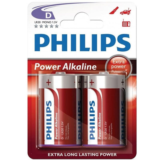 PHILIPS - АЛКАЛНИ БАТЕРИИ POWER PILA D LR20, ПАКЕТ ОТ 2