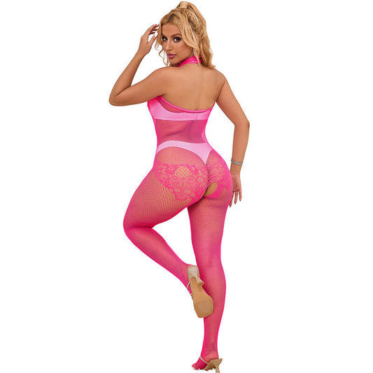 SUBBLIME - 952389 FISHNET AND LACE CROTCHLESS BODYSTOCKING WITH HIGH NECK PINK ONE SIZE - My naughty haven #