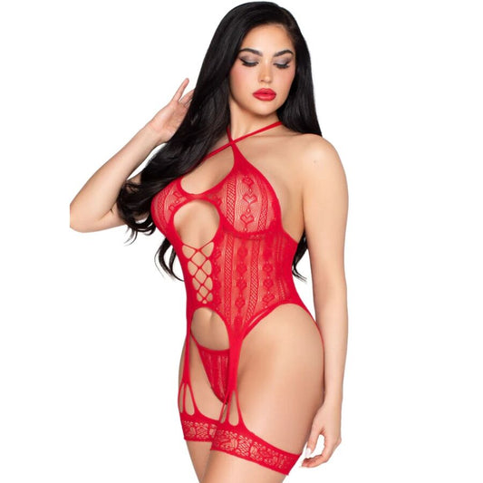 Leg Avenue - Дантелено отворено боди 89338 с жартиери и бикини, червен цвят, универсален размер