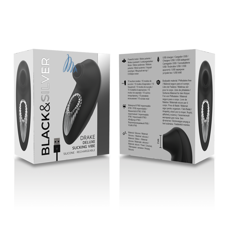 BLACK&SILVER - DRAKE DELUXE SUCKING VIBE RECHARGEABLE SILICONE BLACK - My naughty haven #