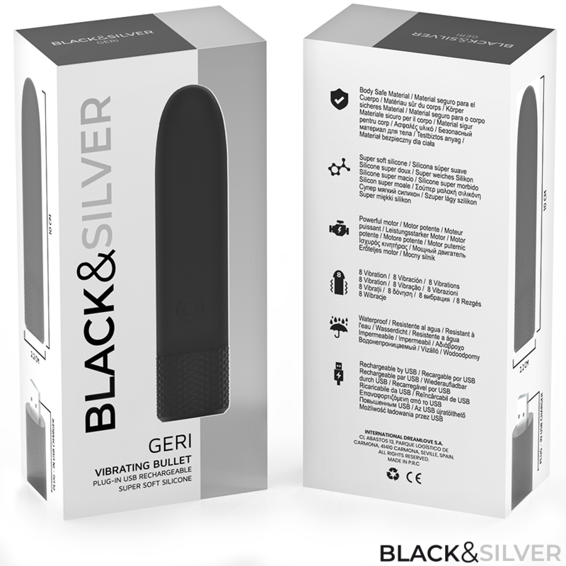 BLACK & SILVER - GERI USB RECHARGEABLE VIBRATING BULLET 8 VIBRATIONS BLACK 10 X 2.2 CM - My naughty haven #