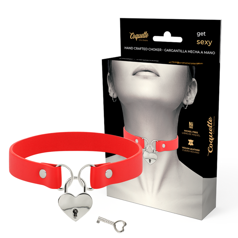 COQUETTE CHIC DESIRE - RED VEGAN LEATHER NECKLACE WITH HEART ACCESSORY WITH KEY - My naughty haven #