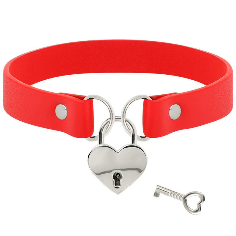 COQUETTE CHIC DESIRE - RED VEGAN LEATHER NECKLACE WITH HEART ACCESSORY WITH KEY - My naughty haven #