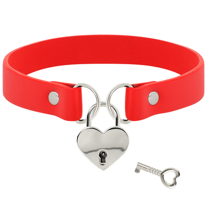 COQUETTE CHIC DESIRE - RED VEGAN LEATHER NECKLACE WITH HEART ACCESSORY WITH KEY - My naughty haven #