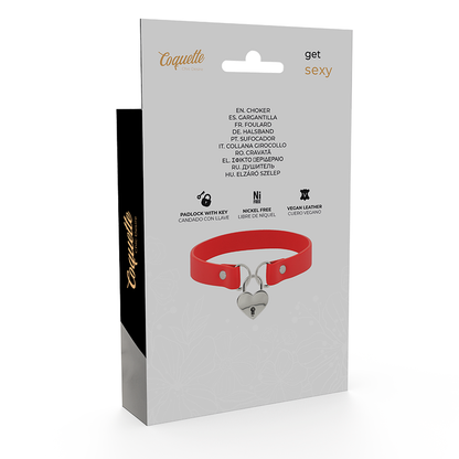 COQUETTE CHIC DESIRE - RED VEGAN LEATHER NECKLACE WITH HEART ACCESSORY WITH KEY - My naughty haven #
