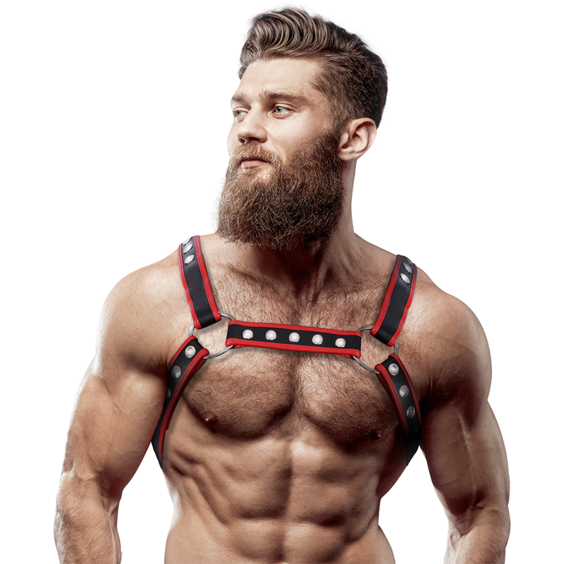 FETISH SUBMISSIVE ATTITUDE - MENS ECO-LEATHER CHEST BULLDOG HARNESS BLACK/RED - My naughty haven #