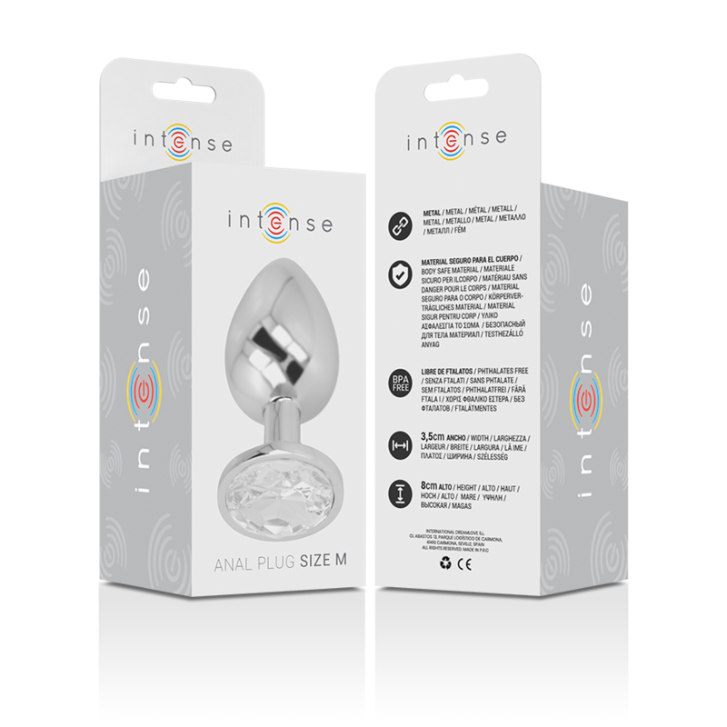 Intense – Алуминиева метална анална тапа със сребрист кристал, размер M
