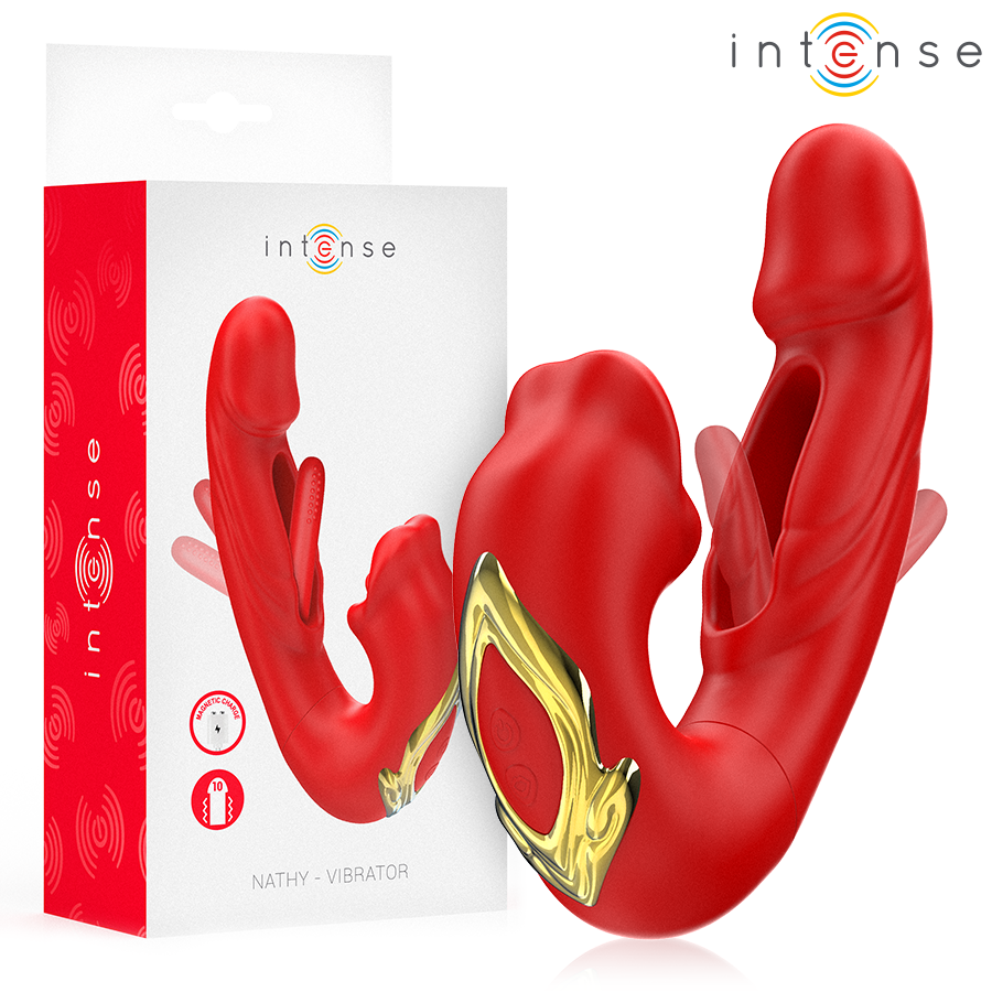 INTENSE - NATHY DOUBLE VIBRATOR WITH MULTIFUNCTION STIMULATING MOUTH RED - My naughty haven #