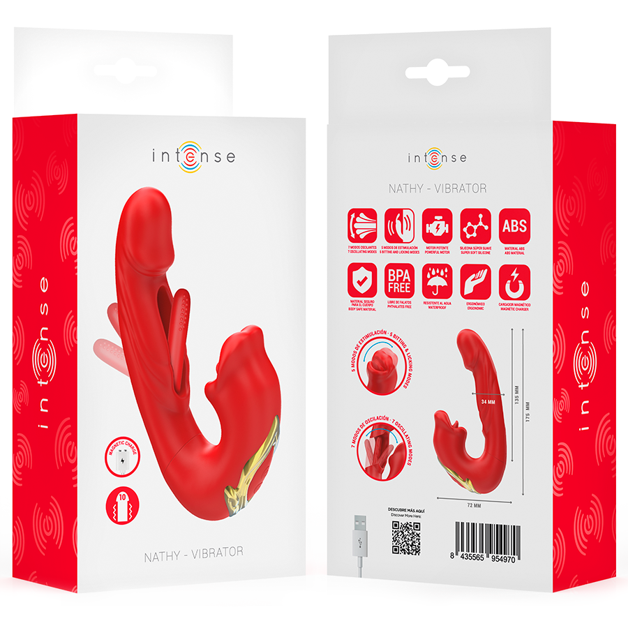INTENSE - NATHY DOUBLE VIBRATOR WITH MULTIFUNCTION STIMULATING MOUTH RED - My naughty haven #