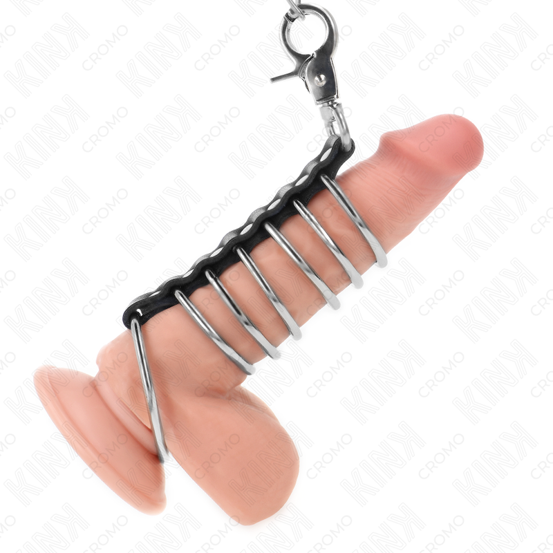 KINK - 7 METAL PENIS RINGS 3.8 CM TO 5 CM CONNECTED WITH LEATHER AND METAL CHAIN 100 CM - My naughty haven #