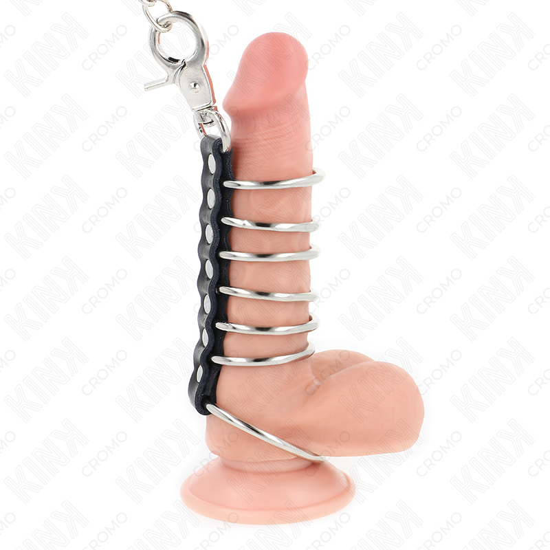 KINK - 7 METAL PENIS RINGS 3.8 CM TO 5 CM CONNECTED WITH LEATHER AND METAL CHAIN 100 CM - My naughty haven #