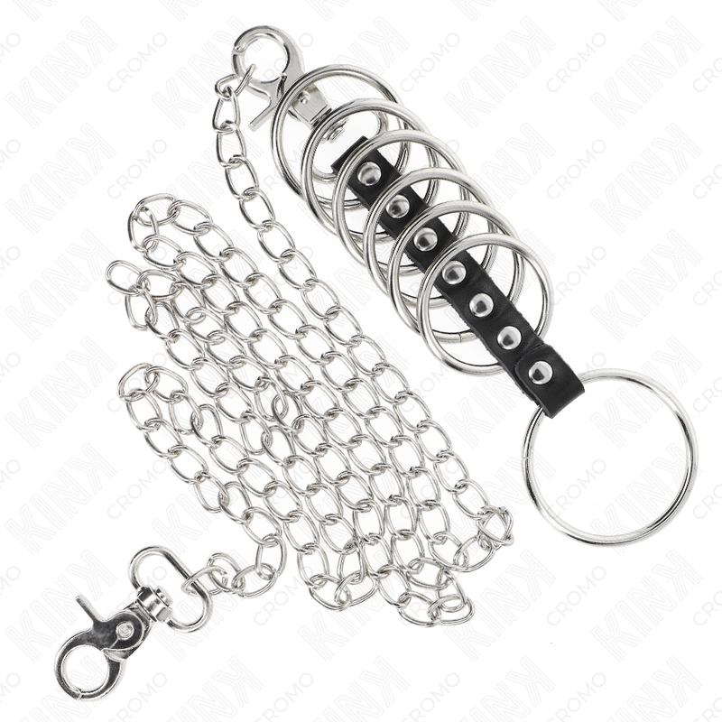 KINK - 7 METAL PENIS RINGS 3.8 CM TO 5 CM CONNECTED WITH LEATHER AND METAL CHAIN 100 CM - My naughty haven #