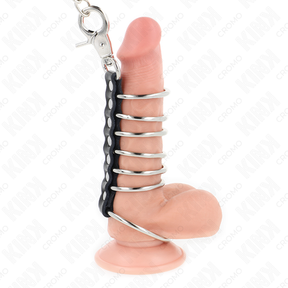 KINK - 7 METAL PENIS RINGS 3.8 CM TO 5 CM CONNECTED WITH LEATHER AND METAL CHAIN 100 CM - My naughty haven #