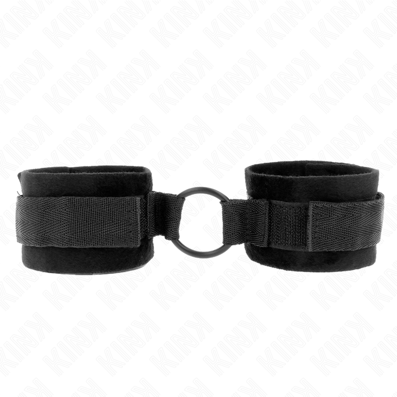 KINK - BEGINNER FUR HAND CUFFS 25 CM WITH O-RING 4 CM BLACK ADJUSTABLE 15-25 CM - My naughty haven #