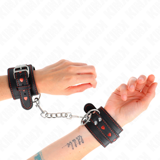 KINK - BLACK WRIST RESTRAINTS WITH RED HEART INLAY ADJUSTABLE 21-28 CM X 5.5 CM - My naughty haven #