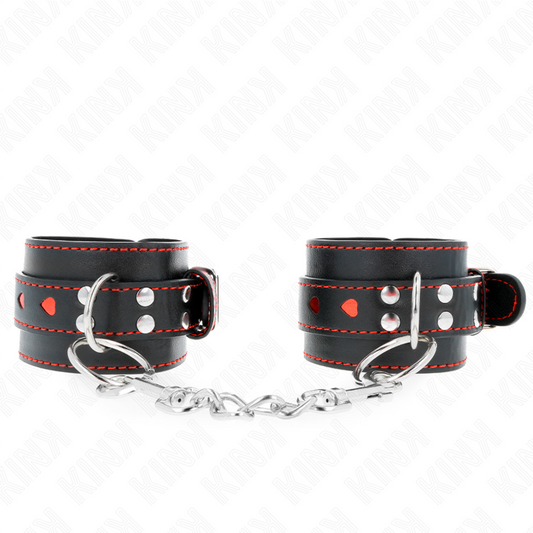 KINK - BLACK WRIST RESTRAINTS WITH RED HEART INLAY ADJUSTABLE 21-28 CM X 5.5 CM - My naughty haven #