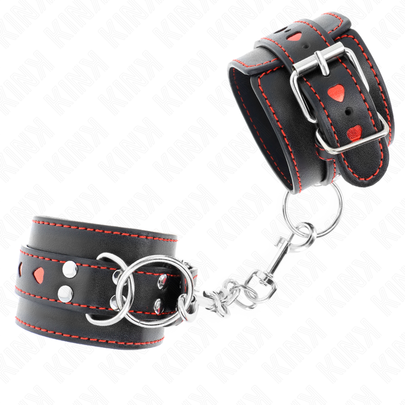KINK - BLACK WRIST RESTRAINTS WITH RED HEART INLAY ADJUSTABLE 21-28 CM X 5.5 CM - My naughty haven #