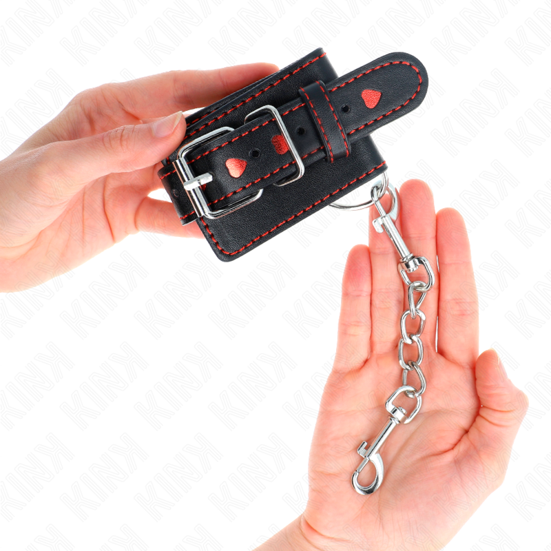 KINK - BLACK WRIST RESTRAINTS WITH RED HEART INLAY ADJUSTABLE 21-28 CM X 5.5 CM - My naughty haven #
