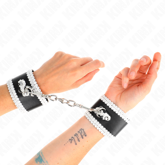 KINK - BLACK WRIST RESTRAINTS WITH WHITE DECORATE LACE ADJSUTABLE 20-23 CM X 5.5 CM - My naughty haven #