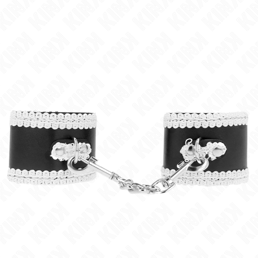 KINK - BLACK WRIST RESTRAINTS WITH WHITE DECORATE LACE ADJSUTABLE 20-23 CM X 5.5 CM - My naughty haven #