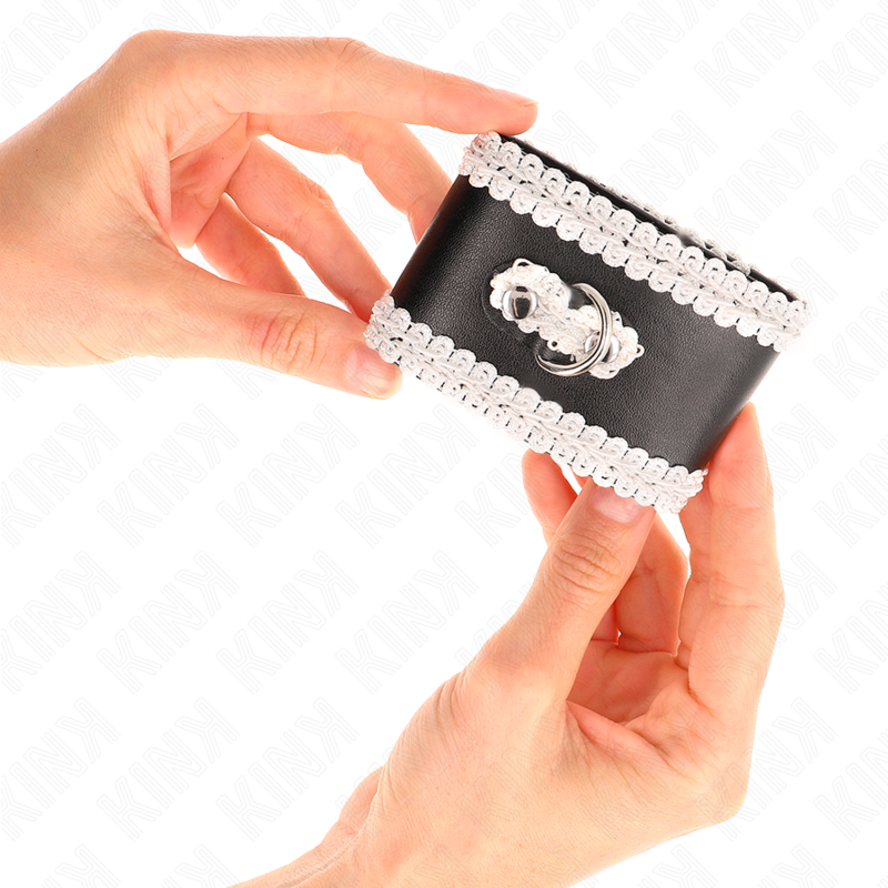 KINK - BLACK WRIST RESTRAINTS WITH WHITE DECORATE LACE ADJSUTABLE 20-23 CM X 5.5 CM - My naughty haven #