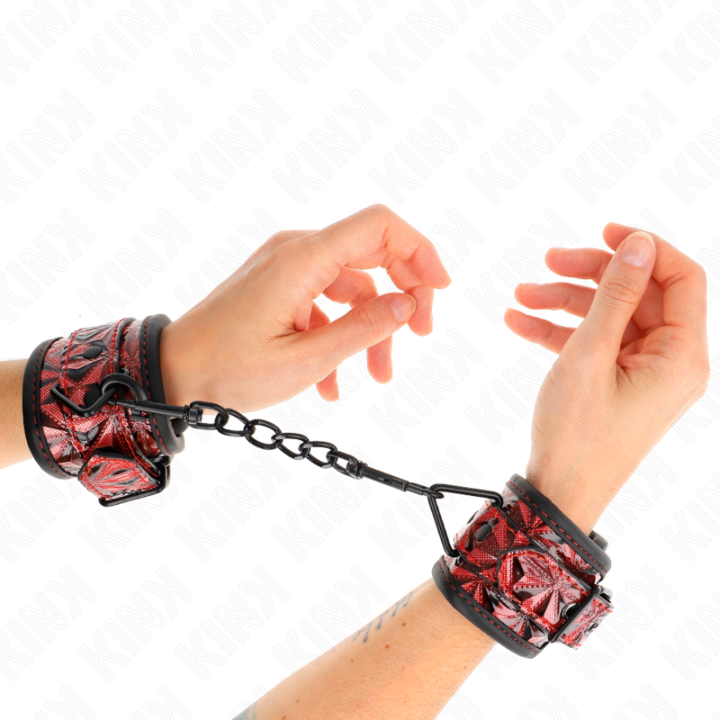 KINK - DIAMOND PATTERN WRIST RESTRAINTS DARK RED ADJUSTABLE 17-26 CM X 5.5 CM - My naughty haven #
