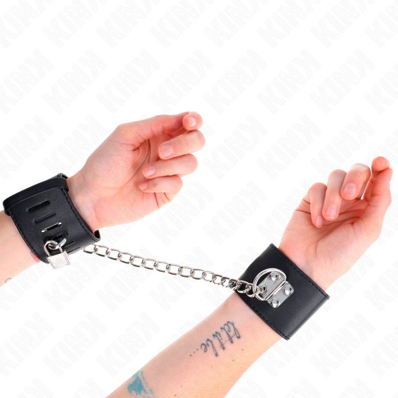 KINK - FIXED WRIST RESTRAINTS WITH CHAIN 30 CM AND PADLOCK CLOSURE BLACK ADJUSTABLE 16-23 CM X 5.5 CM - My naughty haven #