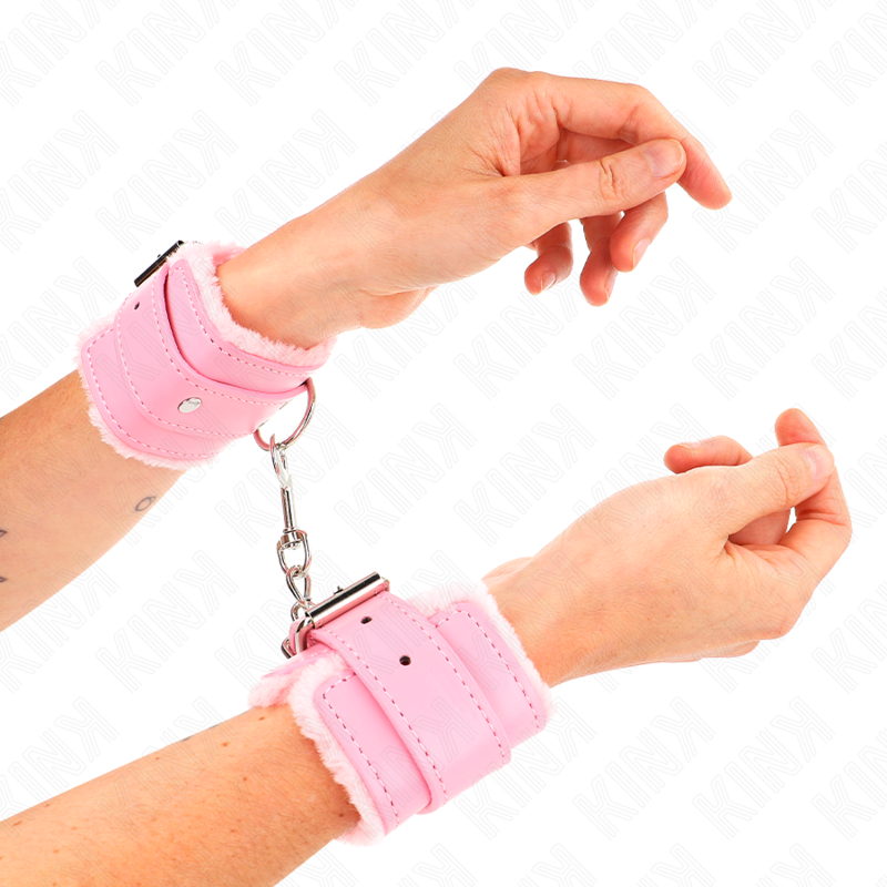 KINK - FUR LINED WRIST RESTRAINTS PINK WITH PINK BELT ADJUSTABLE 17-29 CM X 6 CM - My naughty haven #