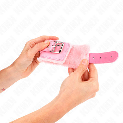 KINK - FUR LINED WRIST RESTRAINTS PINK WITH PINK BELT ADJUSTABLE 17-29 CM X 6 CM - My naughty haven #