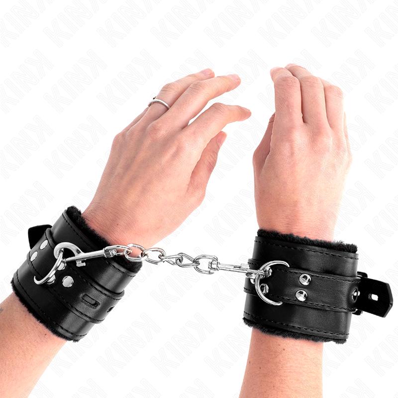 KINK - FUR LINED WRIST RESTRAINTS WITH SQUARE HOLES BLACK AND BLACK BELT ADJUSTABLE 17-29 CM X 6 CM - My naughty haven #