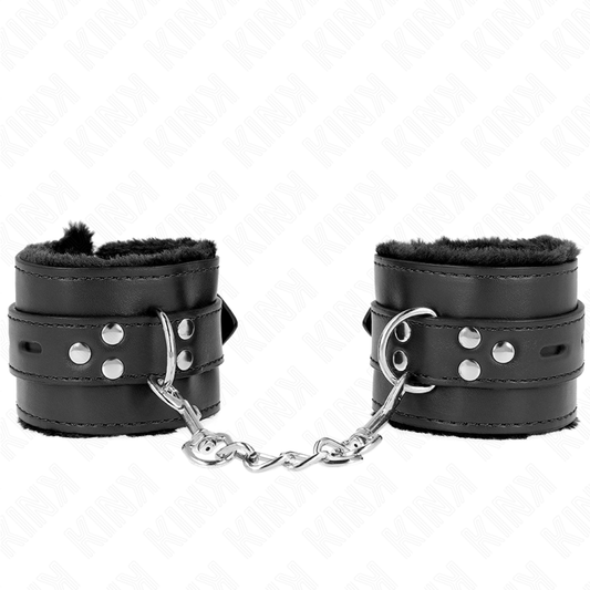 KINK - FUR LINED WRIST RESTRAINTS WITH SQUARE HOLES BLACK AND BLACK BELT ADJUSTABLE 17-29 CM X 6 CM - My naughty haven #