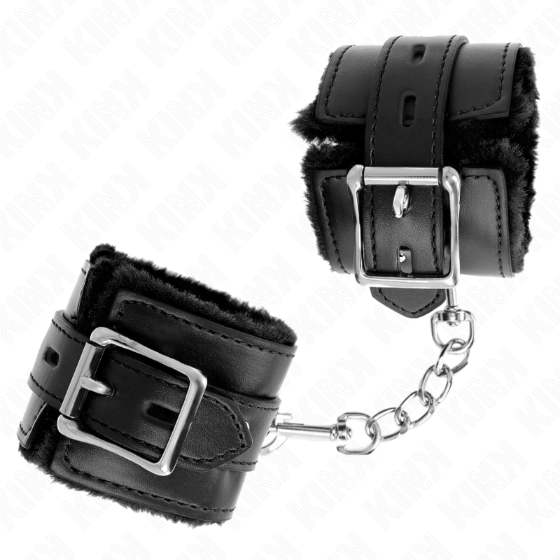 KINK - FUR LINED WRIST RESTRAINTS WITH SQUARE HOLES BLACK AND BLACK BELT ADJUSTABLE 17-29 CM X 6 CM - My naughty haven #
