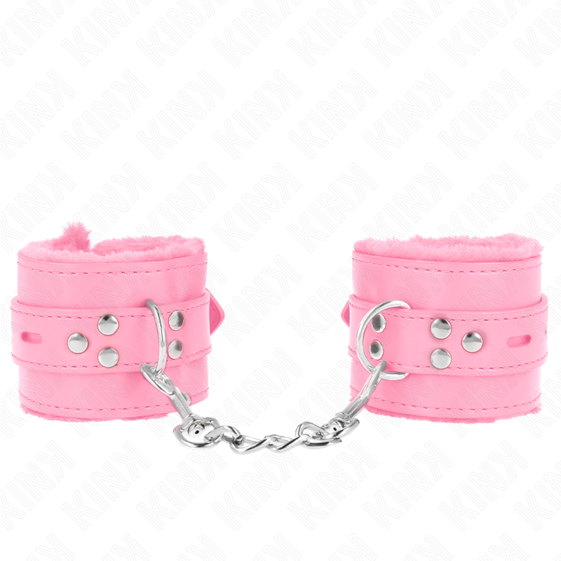 KINK - FUR LINED WRIST RESTRAINTS WITH SQUARE HOLES PINK AND PINK BELT ADJUSTABLE 17-29 CM X 6 CM - My naughty haven #