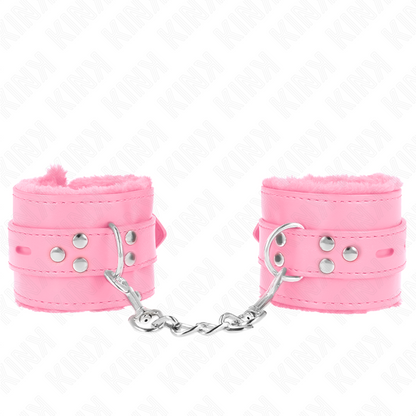 KINK - FUR LINED WRIST RESTRAINTS WITH SQUARE HOLES PINK AND PINK BELT ADJUSTABLE 17-29 CM X 6 CM - My naughty haven #