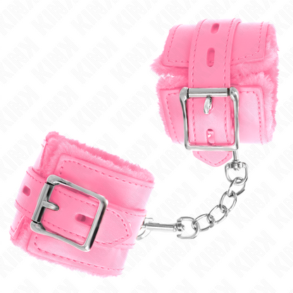 KINK - FUR LINED WRIST RESTRAINTS WITH SQUARE HOLES PINK AND PINK BELT ADJUSTABLE 17-29 CM X 6 CM - My naughty haven #