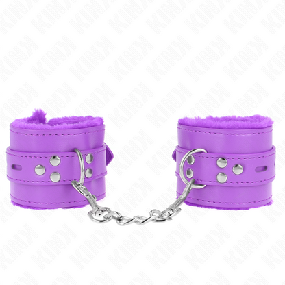 KINK - FUR LINED WRIST RESTRAINTS WITH SQUARE HOLES PURPLE AND PURPLE BELT ADJUSTABLE 17-29 CM X 6 CM - My naughty haven #