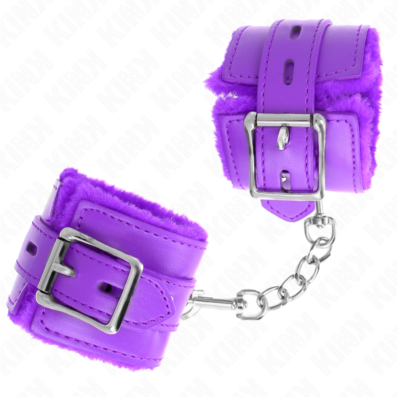 KINK - FUR LINED WRIST RESTRAINTS WITH SQUARE HOLES PURPLE AND PURPLE BELT ADJUSTABLE 17-29 CM X 6 CM - My naughty haven #