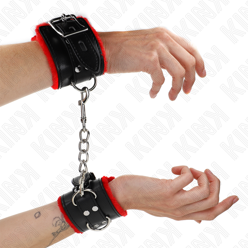 KINK - FUR LINED WRIST RESTRAINTS WITH SQUARE HOLES RED AND BLACK BELT ADJUSTABLE 17-29 CM X 6 CM - My naughty haven #