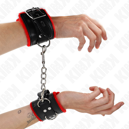 KINK - FUR LINED WRIST RESTRAINTS WITH SQUARE HOLES RED AND BLACK BELT ADJUSTABLE 17-29 CM X 6 CM - My naughty haven #